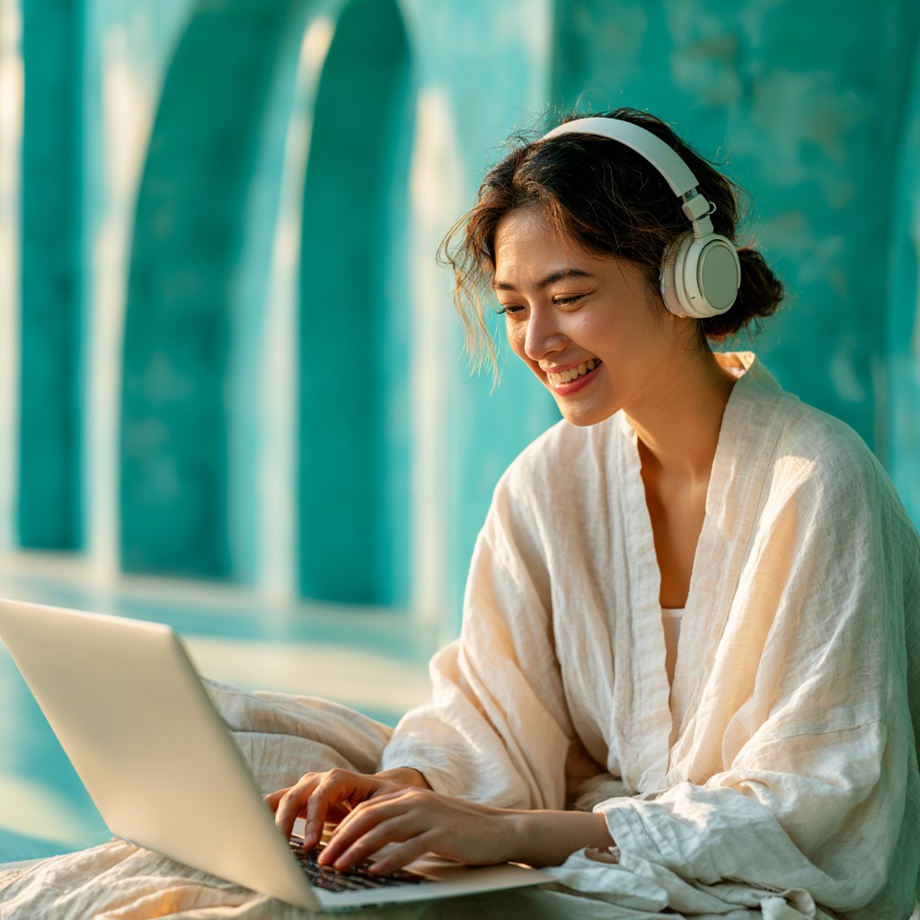 Student wearing headphones while listening on a laptop